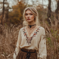 Vintage Bohemian Embroidered Linen V-neck Shirt elevenforest