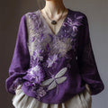Boho Dragonfly Floral Embroidery Women's V-neck Linen Long Sleeve Shirt elevenforest