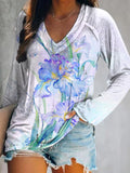 Women's Floral Art Print V-Neck Long Sleeve Top