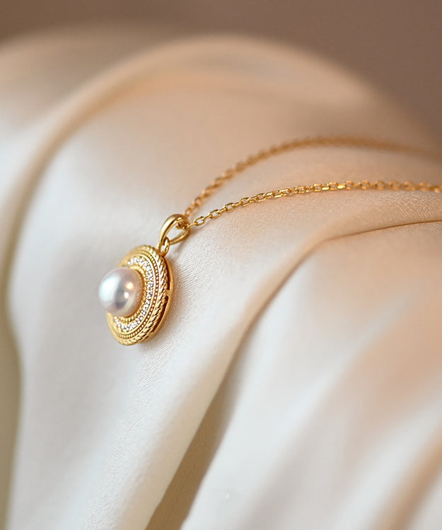 Round Pearl Adjustable Gold Plated Pendant Necklace