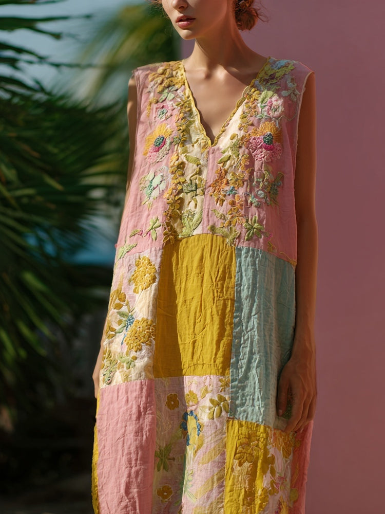 Vintage Boho Floral Patchwork Linen Tank Maxi Dress elevenforest