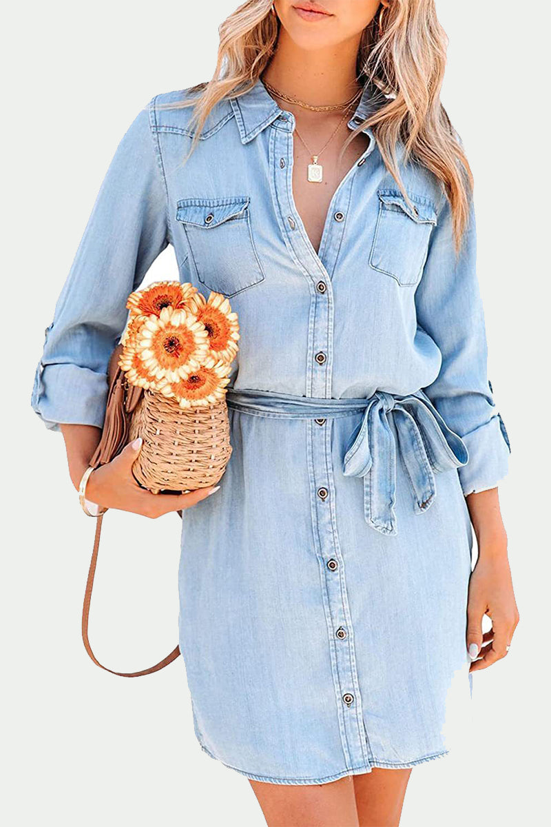 Frenulum Turndown Collar Long Sleeve Loose Denim Dresses