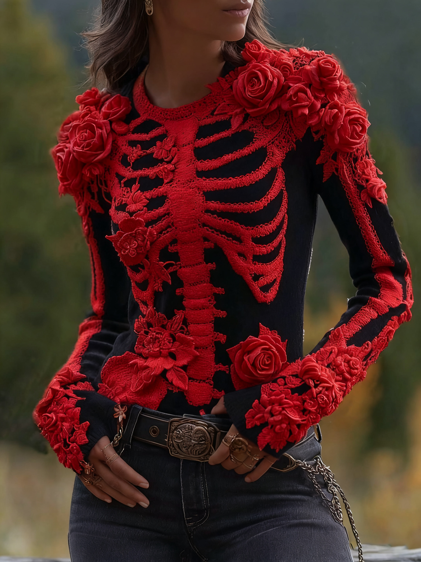 Women's Halloween Skeleton Bones With Roses Art Knitted Warm Sweater artswardrobe