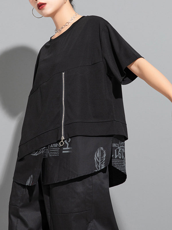 False Two Loose Printing Split-joint Round-neck T-shirts Tops