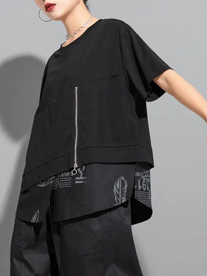 False Two Loose Printing Split-joint Round-neck T-shirts Tops