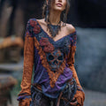 Vintage Rose Skull Rhinestone Contrast V Neck T-shirt elevenforest