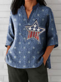 Comstylish Women's Indie Vintage Denim Star Print Top