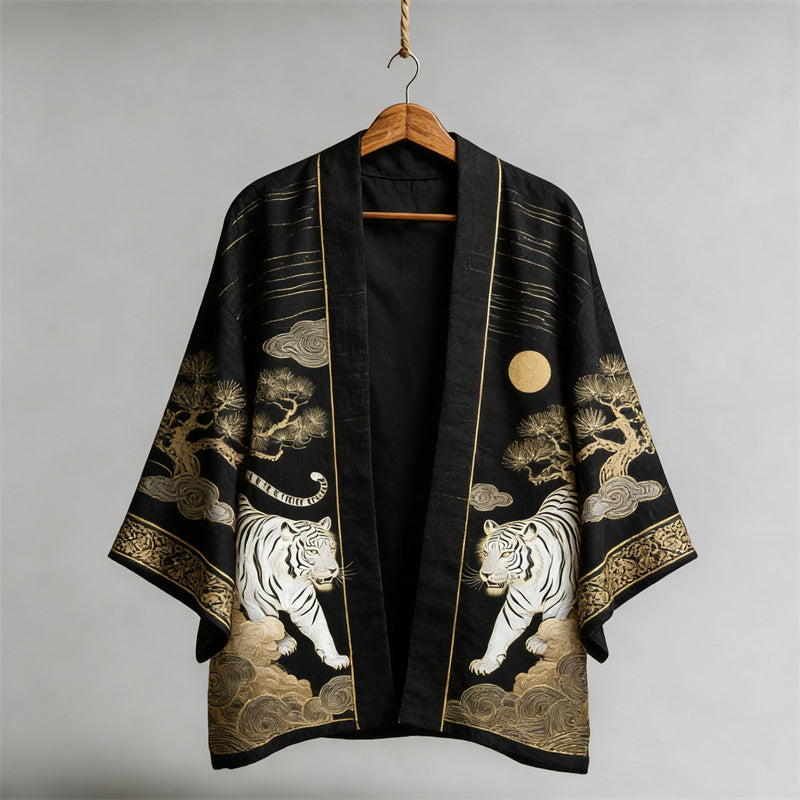 Japanese Tigers & Pine Trees Art Linen Kimono elevenforest
