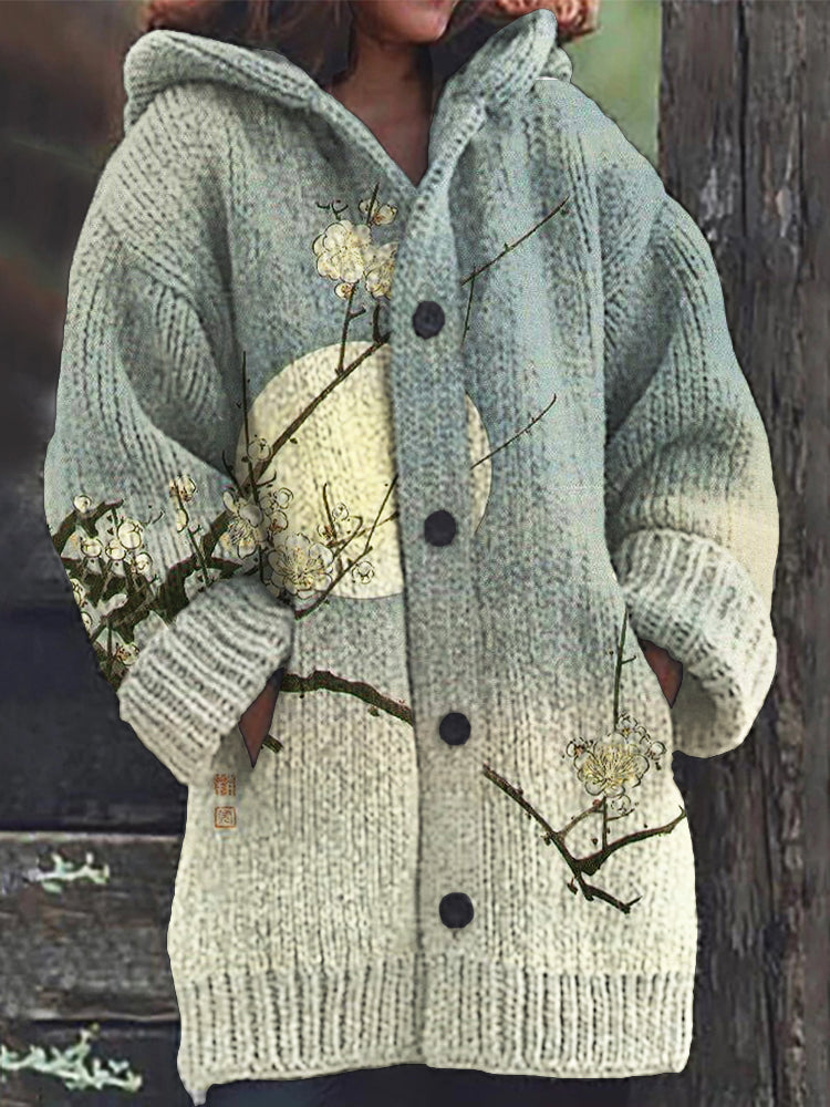 Plum Blossom Full Moon Japanese Art Cozy Hooded Cardigan elevenforest