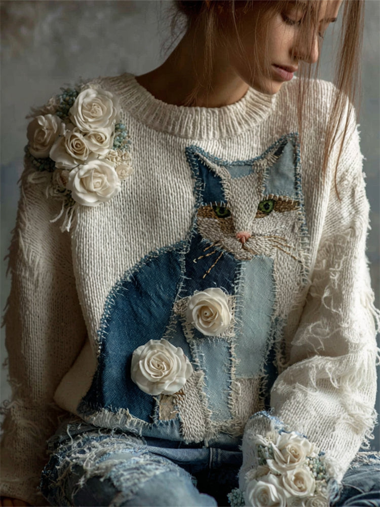 Comstylish Vintage Cat Denim Patchwork White Roses Cozy Knit Sweater