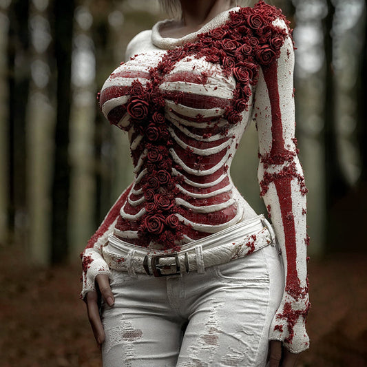 Comstylish Women's Vintage Skeleton & Rose Art Cozy Sweater