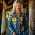 Ukraine Sunflower Embroidery Blend Linen V Neck Loose Blouse elevenforest