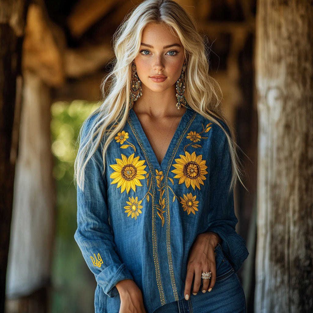 Ukraine Sunflower Embroidery Blend Linen V Neck Loose Blouse elevenforest