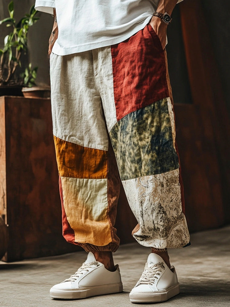 Boho Patchwork Fabric Art Men's Vintage Linen Casual Pant elevenforest