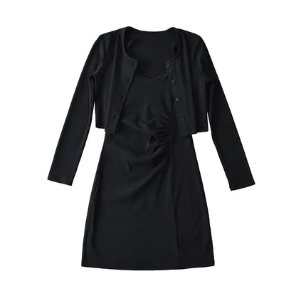 Pure Suit Autumn Winter Short Slim Long Sleeve Cardigan Inner Wear Pleated Cami Dress
