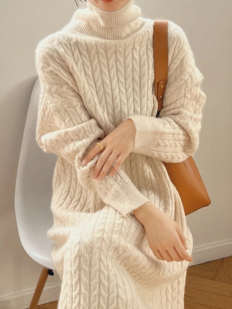 Taruxy Knitted Long Dress Loose Long Sleeve Turtleneck Pullover Femme Retro Warm Sweater Knitwear Cover Up