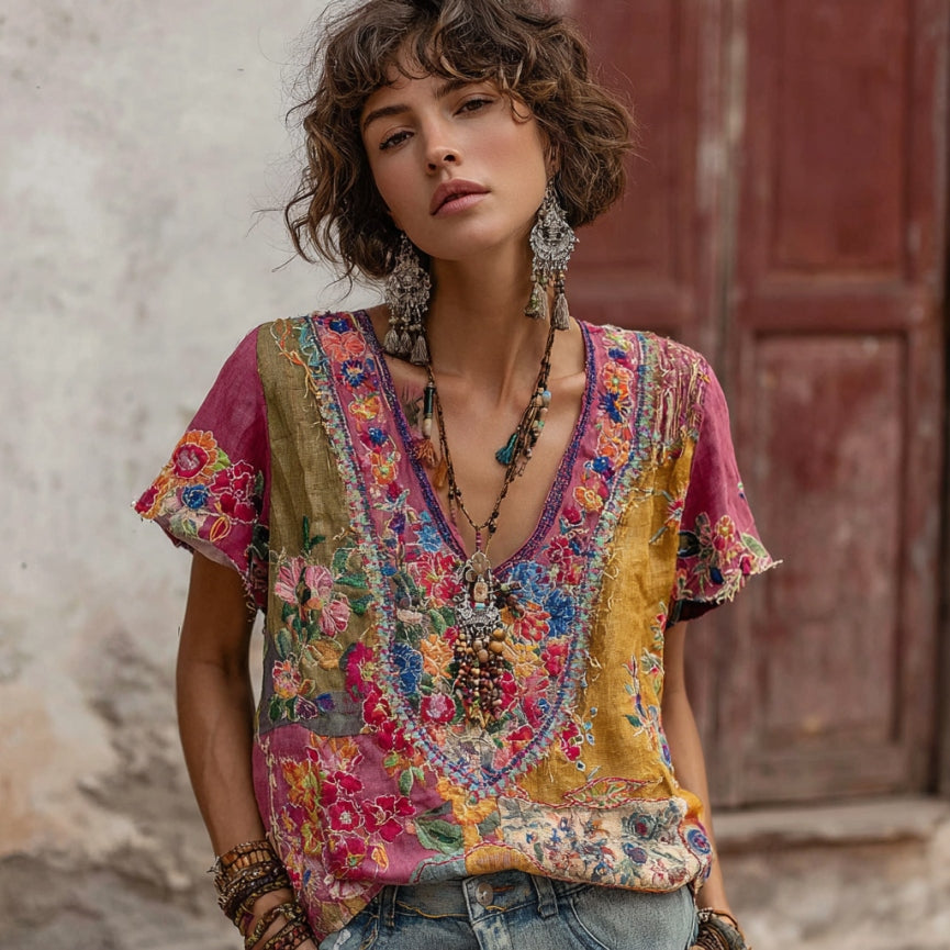 Women's Vintage Bohemian Floral Embroidery Art Patchwork V-neck Linen Blend T-shirt elevenforest