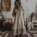 Vintage Traditional Embroidery Art Linen Maxi Long Dress elevenforest