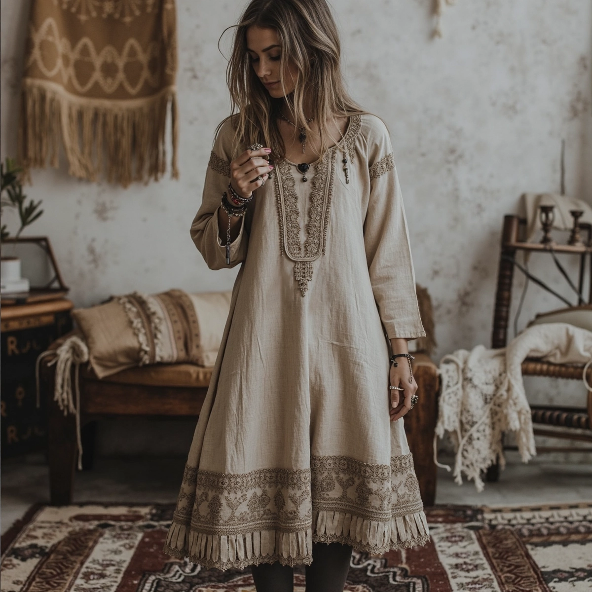 Vintage Traditional Embroidery Art Linen Maxi Long Dress elevenforest