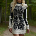 Women's Halloween Skeleton Bones Leather With Rose Pattern Art Hot Sexy Style Cozy Knit Mini Sweater Dress elevenforest