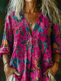 Women's Vintage Folk Floral Art Print Casual Cotton Linen Shirt