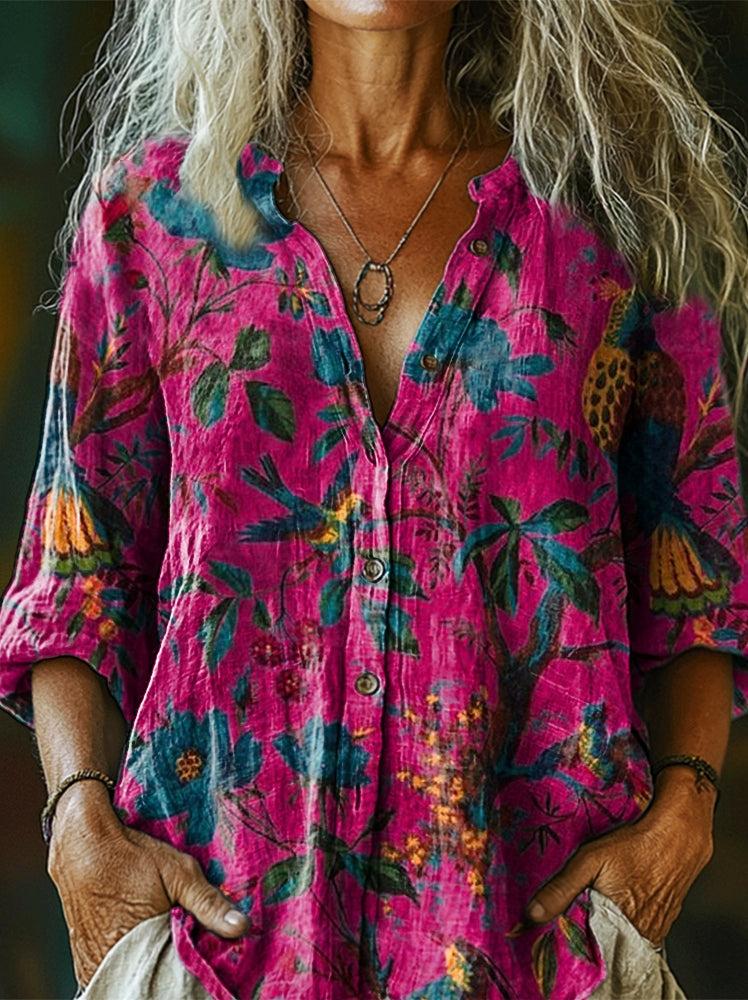 Women's Vintage Folk Floral Art Print Casual Cotton Linen Shirt