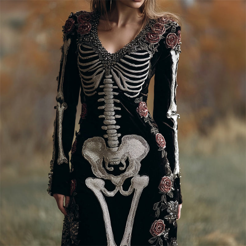 Vintage Skeleton Roses Glitter Beaded Cozy Velvet Maxi Dress elevenforest