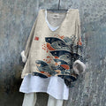 Japanese Art Carp Print V-Neck Loose Blouse elevenforest