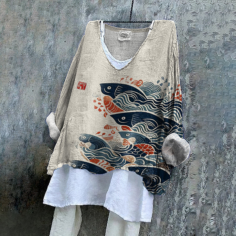 Japanese Art Carp Print V-Neck Loose Blouse elevenforest