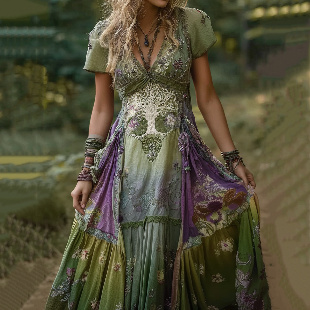 Women's Vintage Tree Of Life And Floral Colorblock Short Sleeve Dress elevenforest