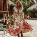 Women's Vacation Romantic Rose Patchwork Art Comfy Linen Maxi Dress elevenforest