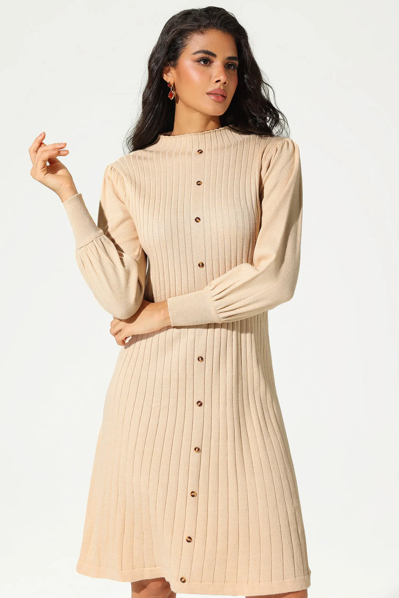 Knit Long Sleeve Pleated Buckle Slim Midi Dress