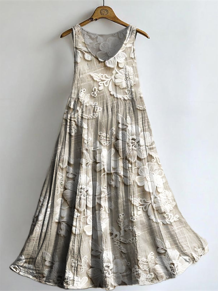 Women's Floral Textured Art Pattern Print Sleeveless Cotton Pocket Dre