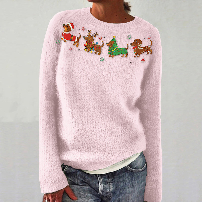 Women's Christmas Dog Embroidered Knitted Crew Neck Sweater artswardrobe