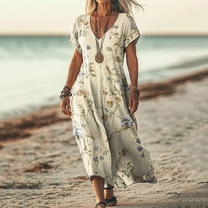 Comstylish Vintage Floral Print Short Sleeved Linen Blend Midi Dress