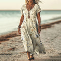 Vintage Floral Print Short Sleeved Linen Blend Midi Dress elevenforest