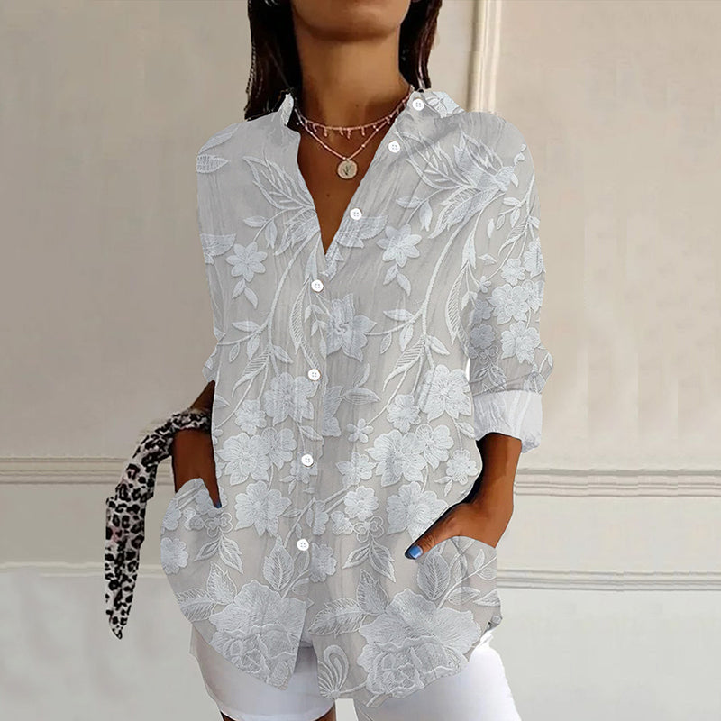 Embroidered Floral Print Long Sleeved Casual Shirt elevenforest