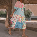 Retro Round Neck Puff Sleeve Bohemian Floral Spring Midi Dress elevenforest