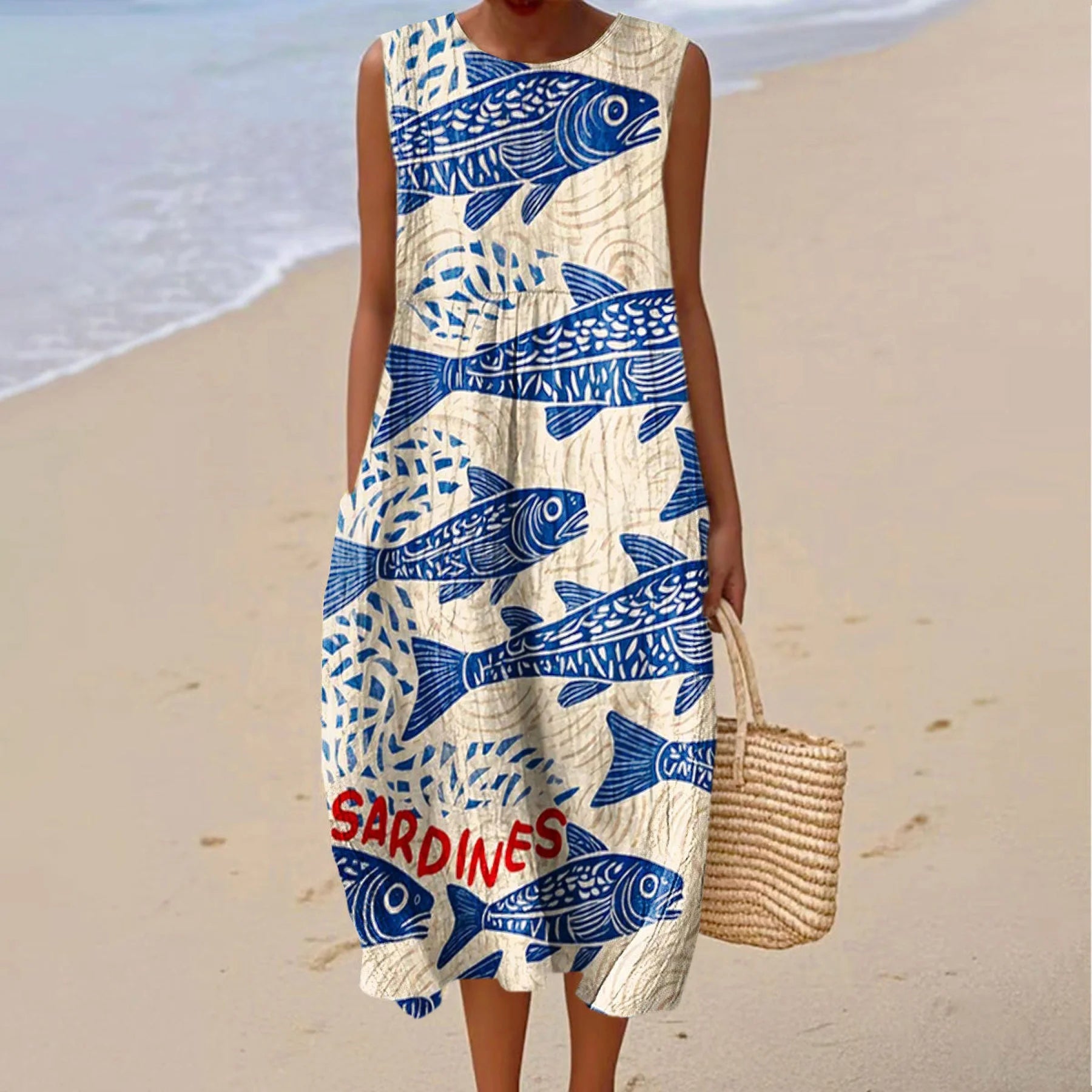 Women's Vintage Fish Sardines Art Print Cotton Casual Sleeveless Dress elevenforest