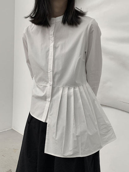 Long Sleeves Asymmetric Buttoned Pleated Color Round-neck Blouses&shirts Tops