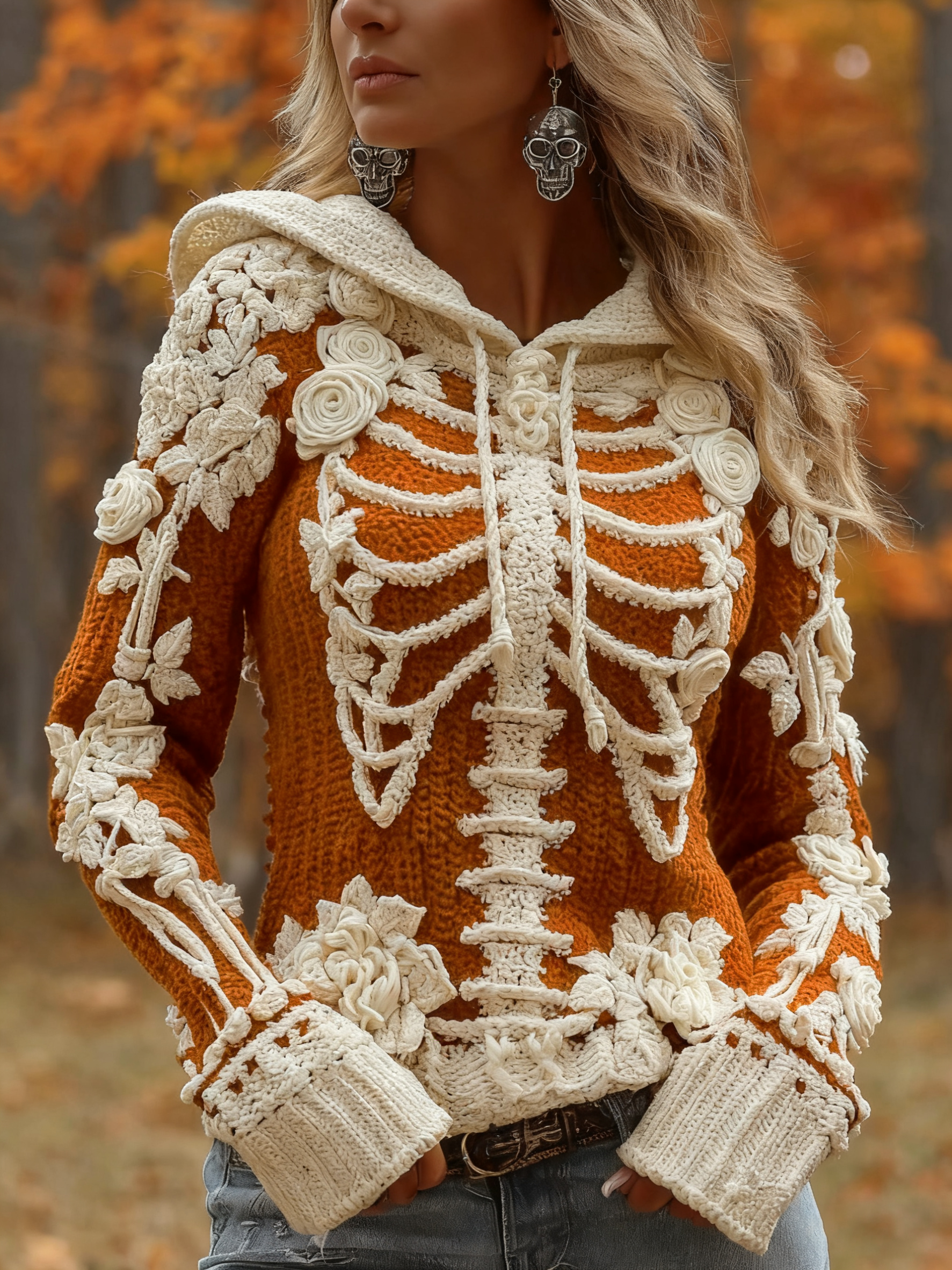 Women's Halloween Skeleton Bones With Roses Art Knitted Warm Hooded Sweater artswardrobe