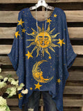 Women's Vintage Star And Moon Painting Art Print Crew Neck Top