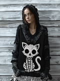 Comstylish Halloween Cat And Skeleton Pattern Women's V-neck Hooded Knit Sweater