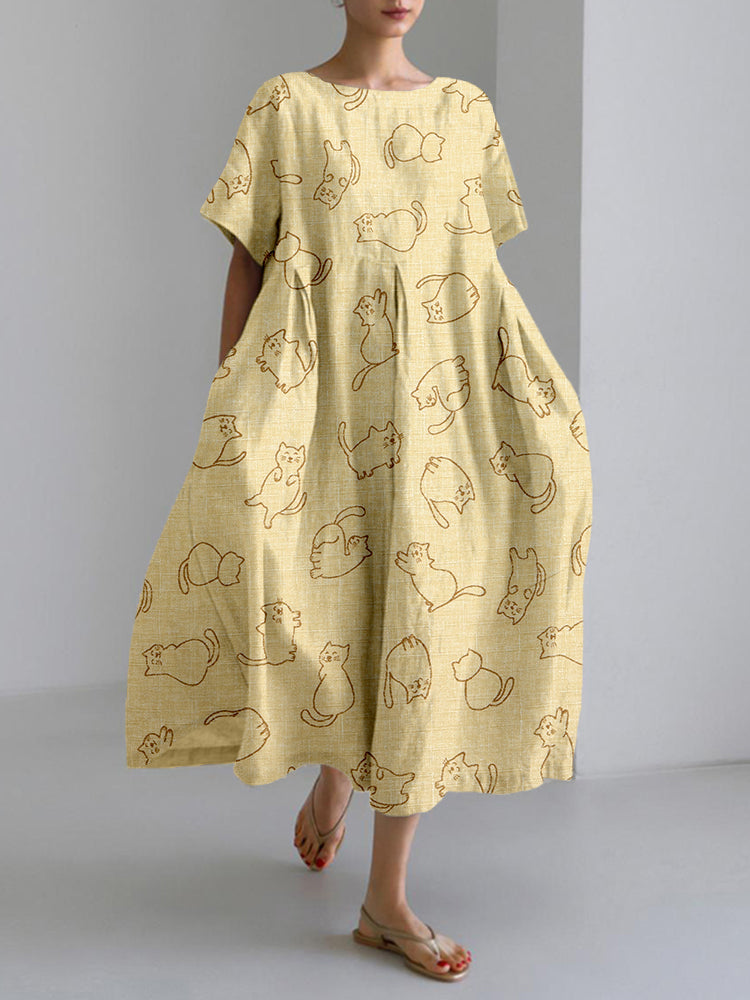 Comstylish Cute Cats Graphic Linen Blend Cozy Maxi Dress