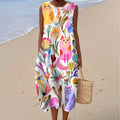 Women's Vintage Floral Cat Art Print Sleeveless Wrap Dress elevenforest