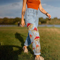 Boho Mushroom Patchwork Art Button High Waist Wide Leg Jeans elevenforest
