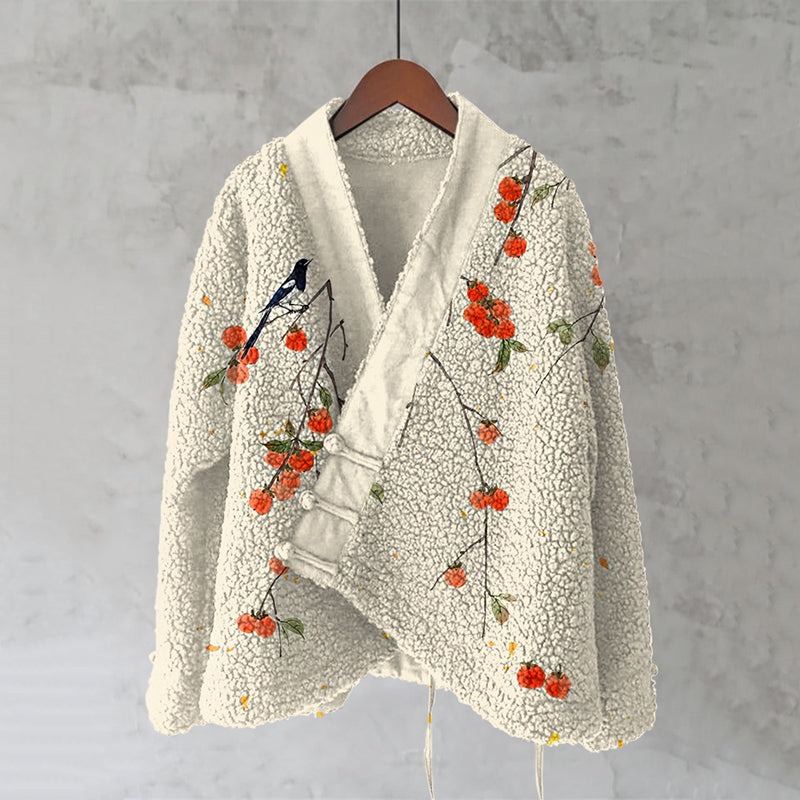 Magnolia Japanese Persimmon Art Cozy Fleece Kimono Cardigan elevenforest