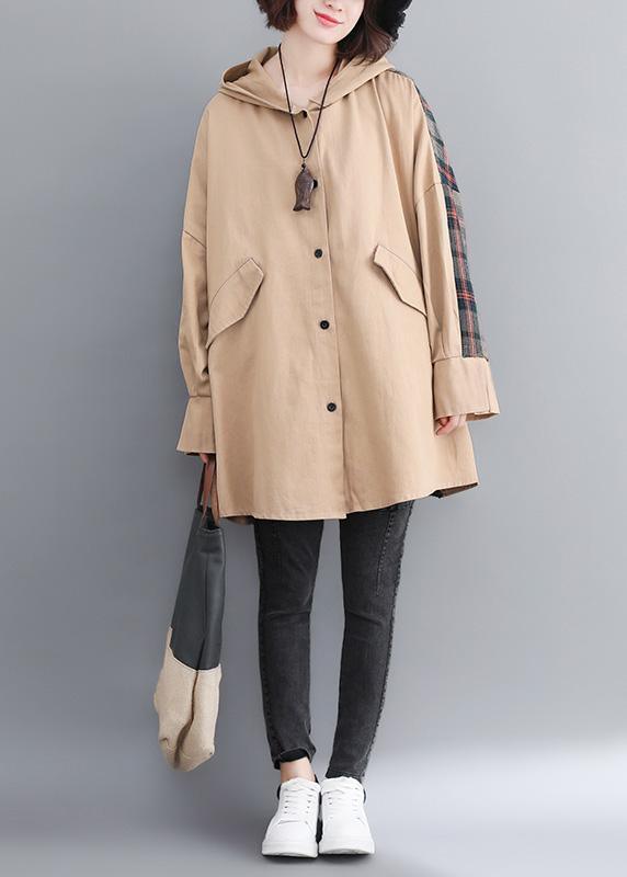 Classy Hooded Patchwork Tunic Coats Khaki Coats