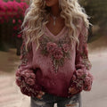 Women's Vintage Pink Rose Embroidery Art Cozy Knit V Neck Sweater elevenforest