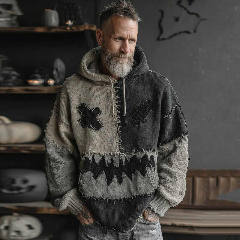 Men's Halloween Spooky Face Colorblock Stitched Hooded Cozy Knit Sweater elevenforest